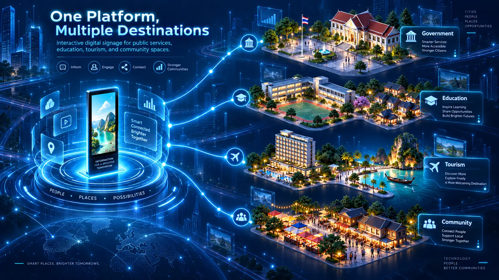 ภาพแนวคิด VERTIQ เป็นจอศูนย์กลางที่เชื่อมข้อมูลไปยังหน่วยงานเมือง โรงเรียนและชุมชน แหล่งท่องเที่ยว และย่านการค้า