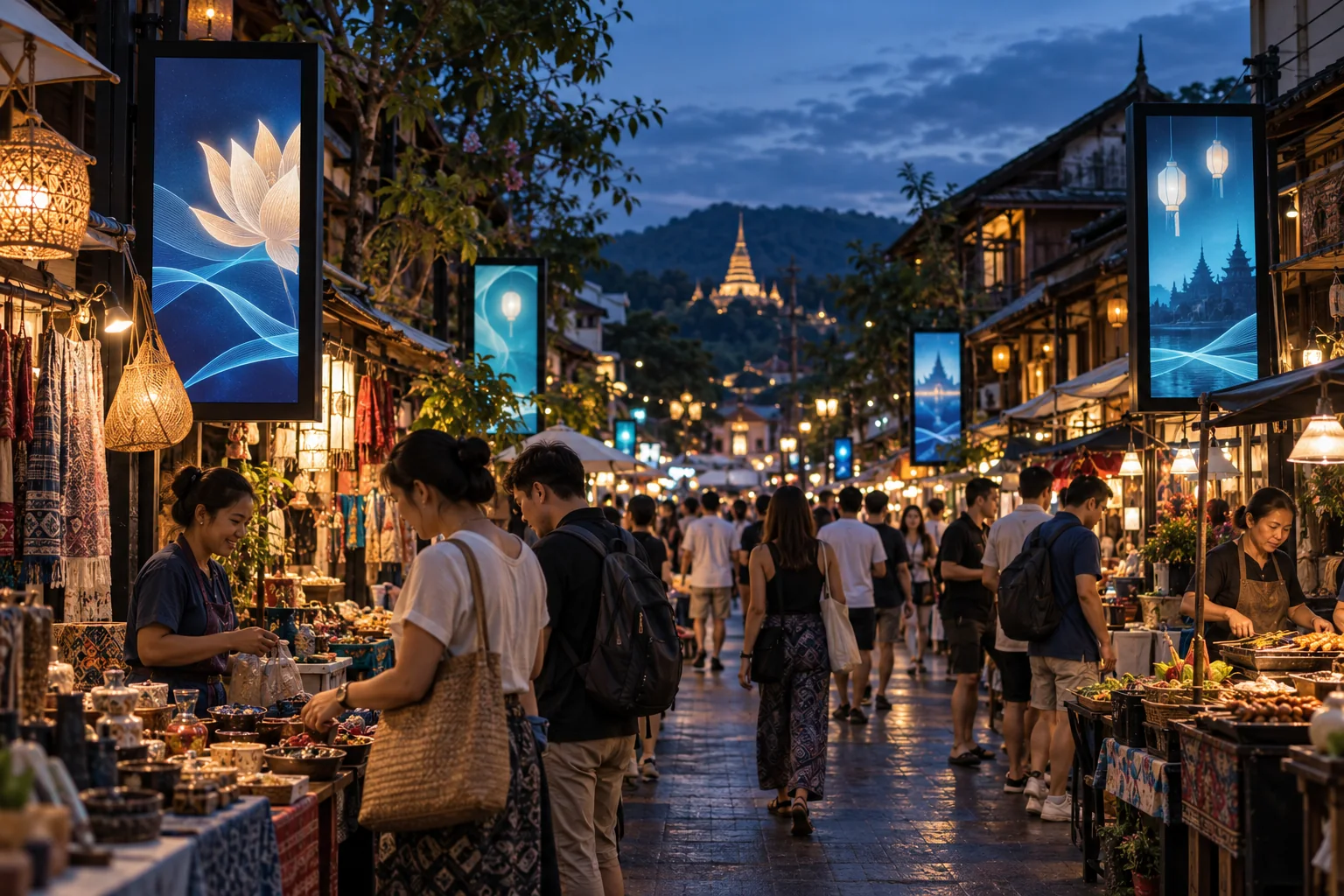 ถนนคนเดินและกลุ่มร้านค้าที่ใช้จอประชาสัมพันธ์ร่วมกัน