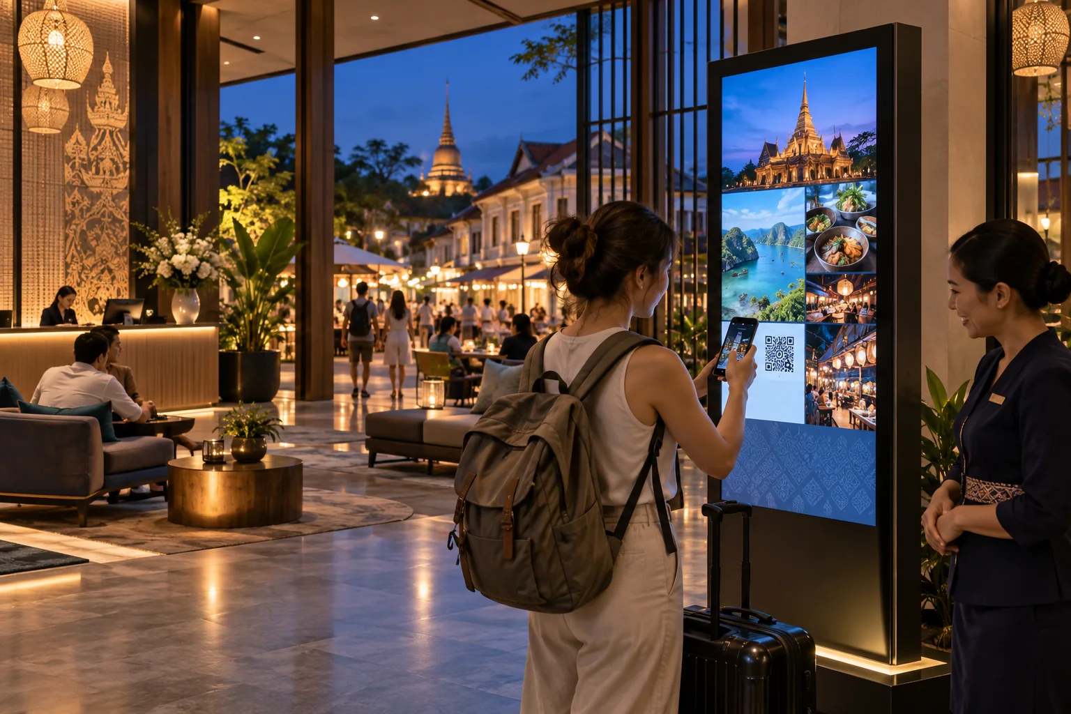 นักท่องเที่ยวใช้จอแนะนำสถานที่และสแกน QR ในโรงแรม