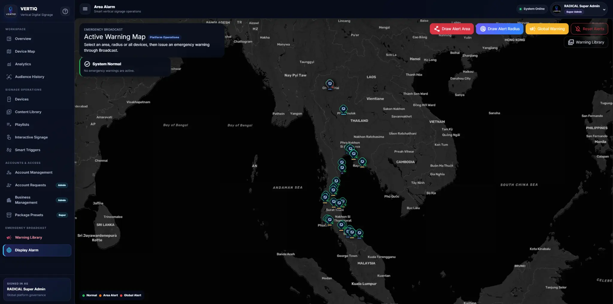ภาพหน้าจอ Active Warning Map ของ VERTIQ แสดงตำแหน่งอุปกรณ์บนแผนที่